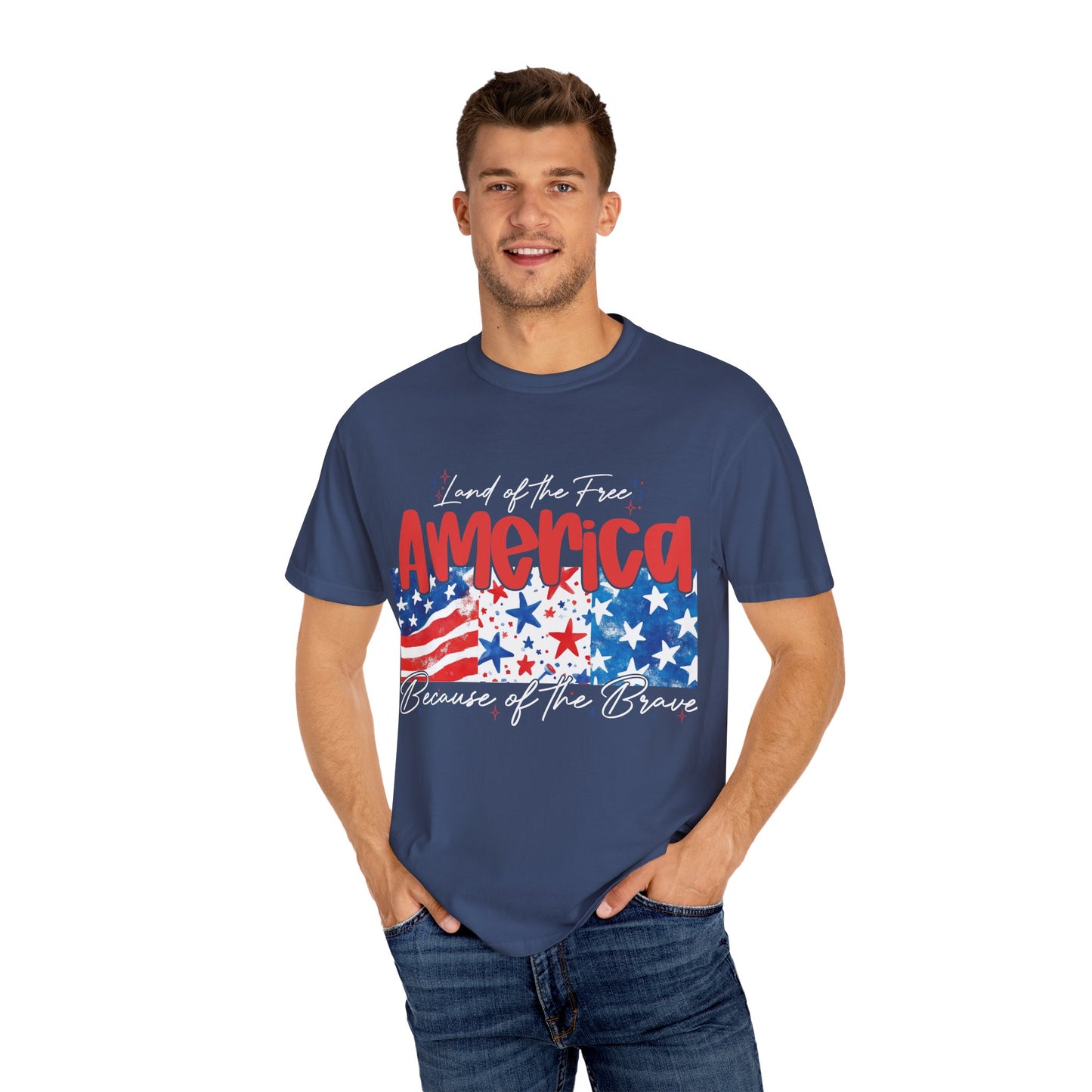 Patriotic Garment-Dyed T-Shirt - 'Land of the Free, Because of the Brave'