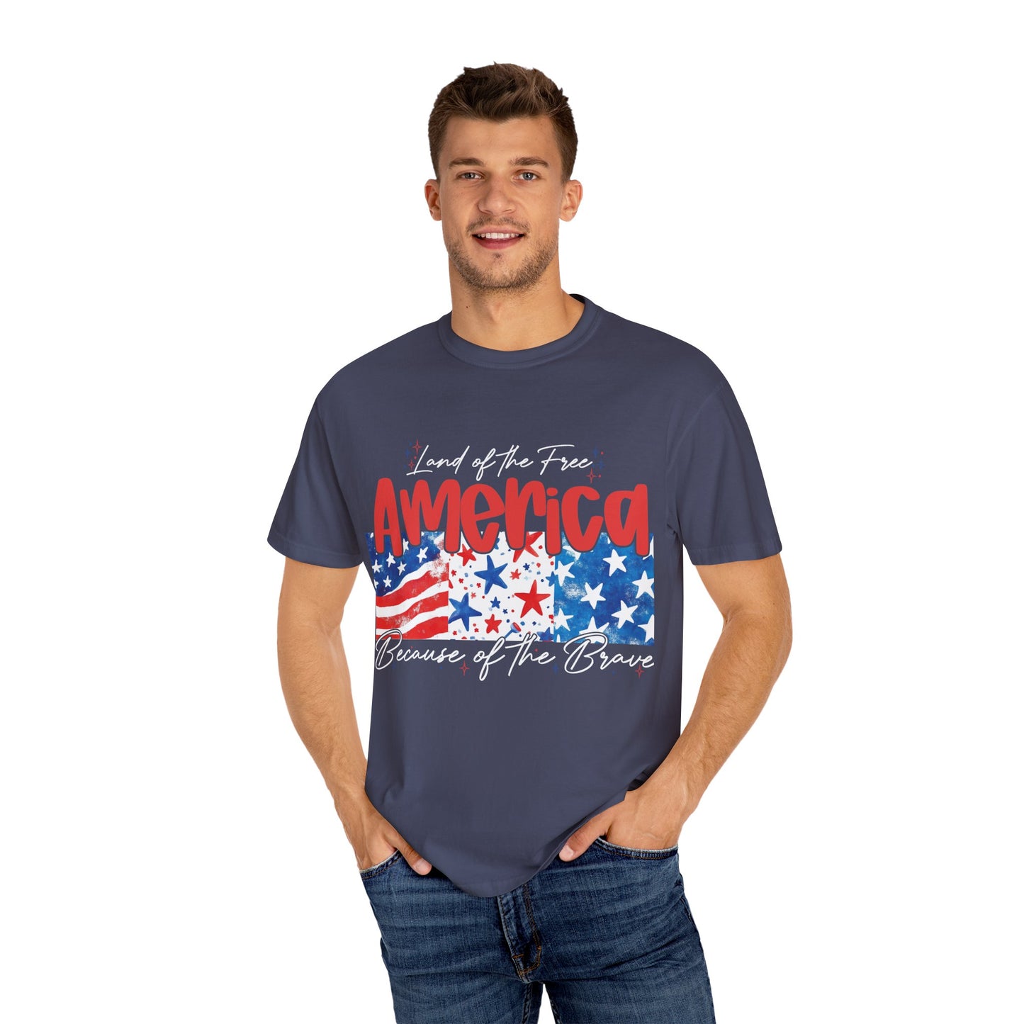 Patriotic Garment-Dyed T-Shirt - 'Land of the Free, Because of the Brave'